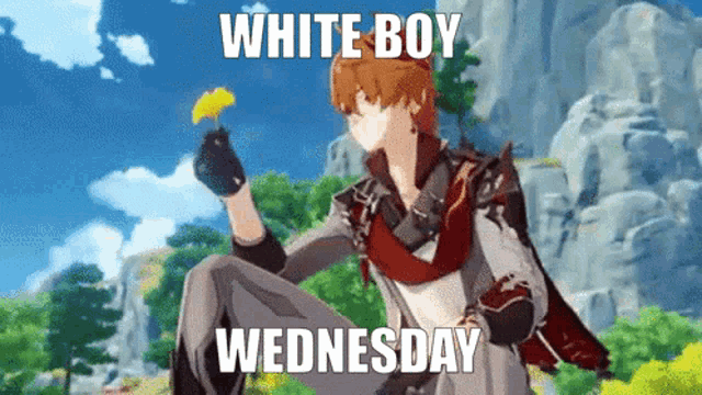 a cartoon character is holding a flower in his hand and says white boy wednesday