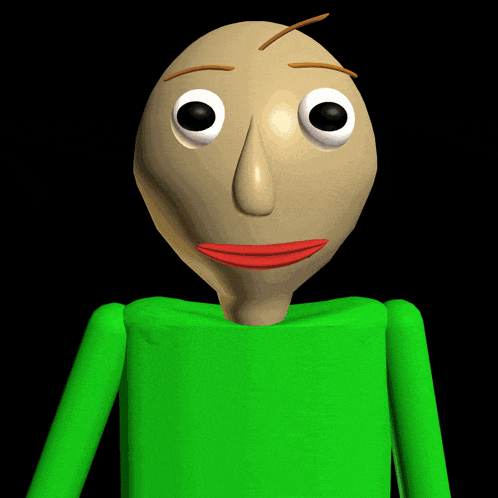 a cartoon character with big eyes and a green shirt has a red lip