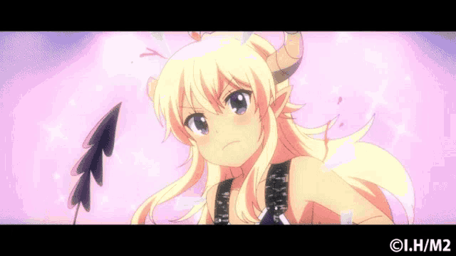 a picture of a blonde anime girl with horns and a black tail