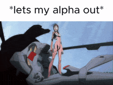 a cartoon of a woman standing next to a robot with the words " lets my alpha out " below her