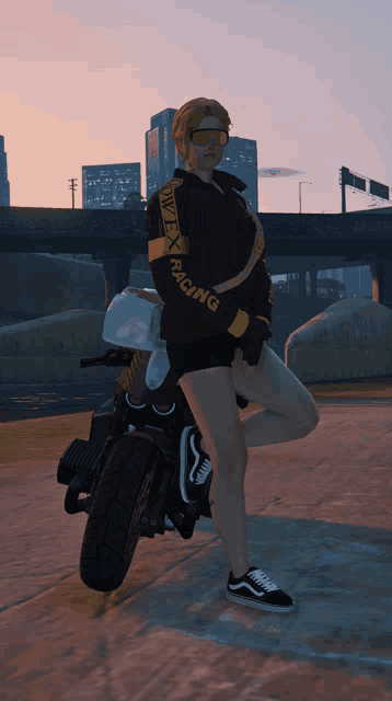 a woman standing next to a motorcycle wearing a jacket that says apex racing