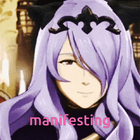 a cartoon of a woman with purple hair and the word manifesting written in pink