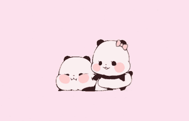 a couple of panda bears laying next to each other on a pink background