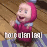 a cartoon character from masha and the bear is standing on a wooden floor and waving .