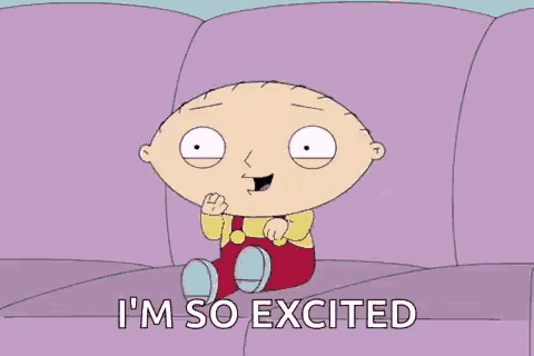 a cartoon character is sitting on a purple couch and saying `` i 'm so excited '' .