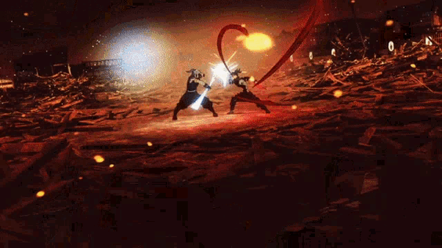 two warriors are fighting with swords in a field of fire