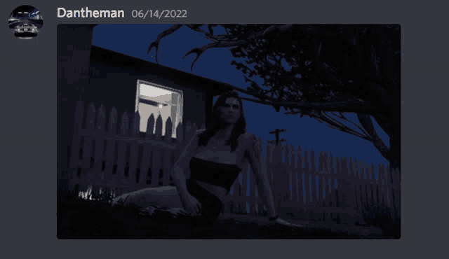 a picture of a woman sitting in front of a white picket fence has dantheman written below it