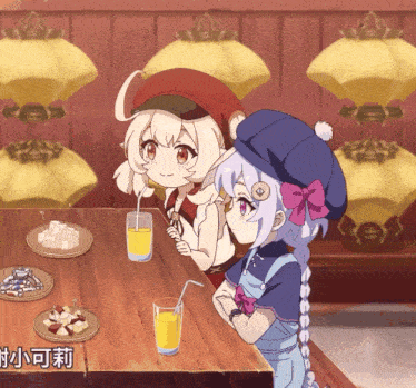 a couple of anime girls sitting at a table drinking juice
