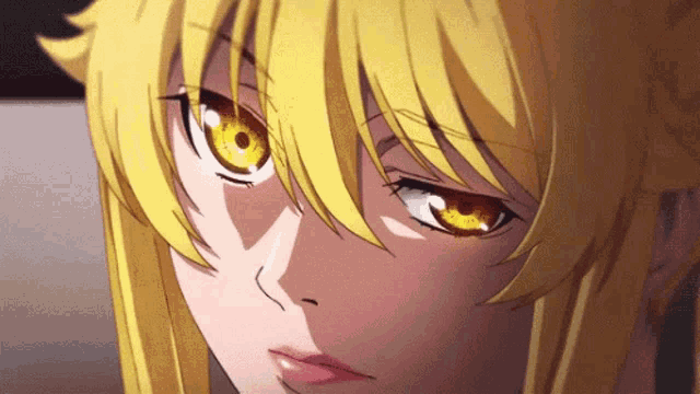 a close up of a girl 's face with yellow hair and yellow eyes