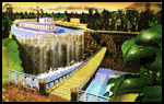 a painting of a waterfall with a boat in the foreground