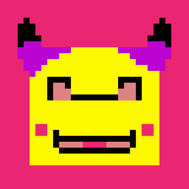 a pixel art drawing of a yellow monster with purple horns
