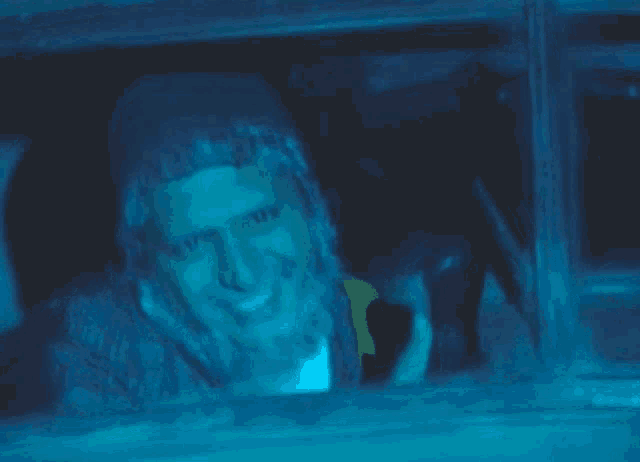 a man with a beard is smiling while looking out of a window