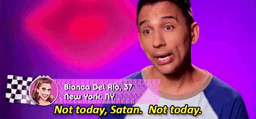a man is standing in front of a purple background and saying not today satan not today