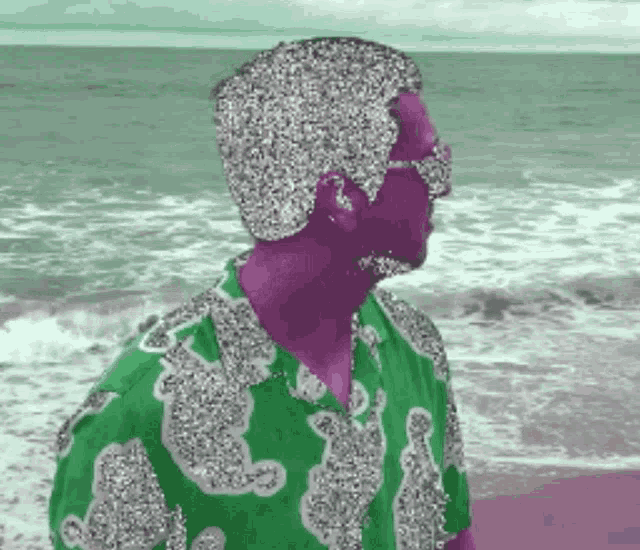 a man in a green shirt with a purple head is standing on the beach