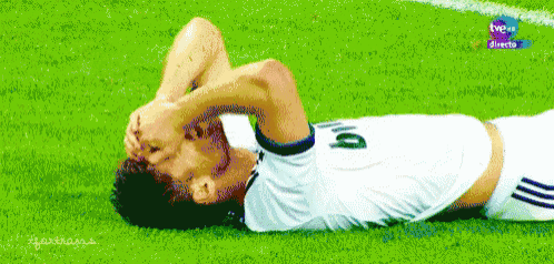 a soccer player with the number 10 on his jersey is laying on the field