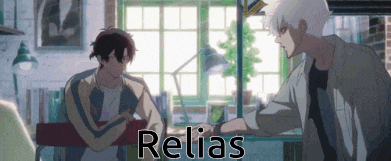 a couple of anime characters standing next to each other with the word relias in the bottom right corner