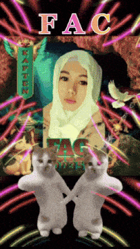 a woman in a hijab is surrounded by two cats and the words fac