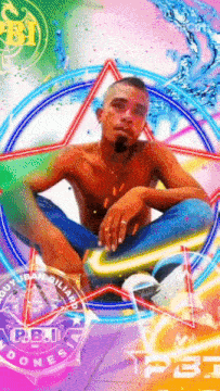 a shirtless man sits in front of a colorful background with the letters pbt on it