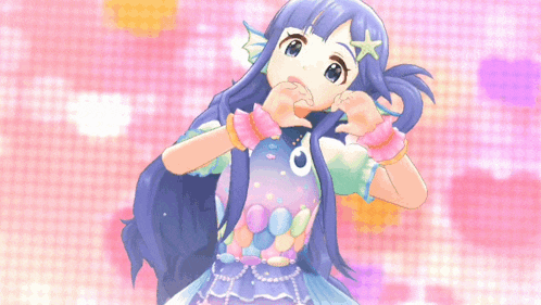 a girl with long blue hair is wearing a dress with balloons on it