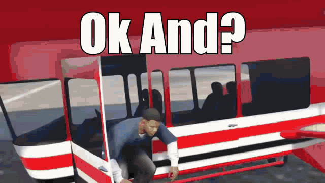 a man is getting out of a red and white bus with the words ok and written on it