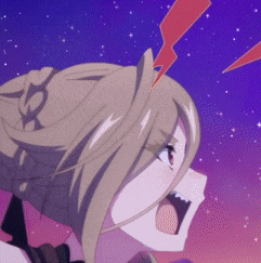 a close up of a cartoon character with a lightning bolt on her head