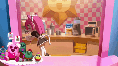 a girl in a maid outfit is standing in front of a counter