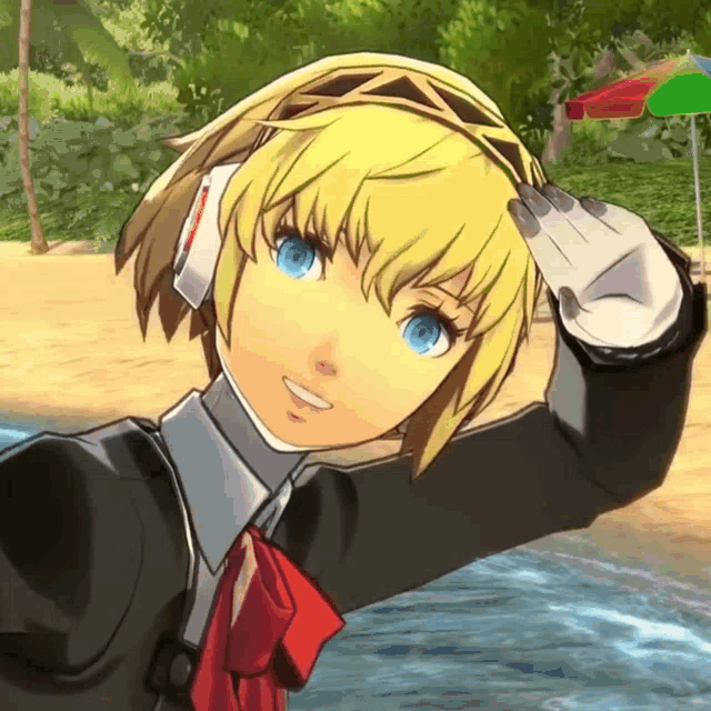 a girl with blonde hair and blue eyes is standing in front of a beach umbrella