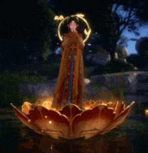 a woman is standing on a lotus flower in a pond