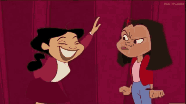two cartoon girls are laughing and pointing at each other in front of a red curtain .