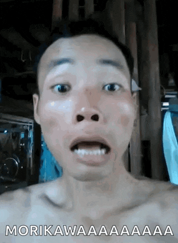 a man without a shirt is making a funny face with the word morikawa written below him