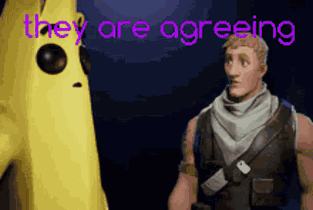 a man is standing next to a banana that says they are agreeing .