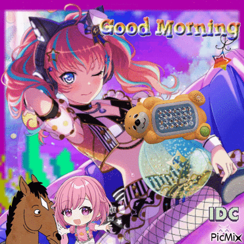 a picture of a girl and a horse with the words good morning idc on the bottom