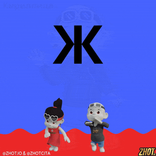 a boy and a girl are standing in front of a blue background with the letter j.k. on it