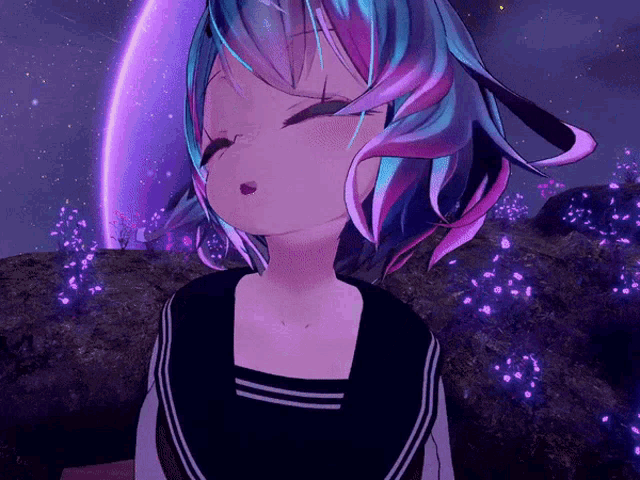 a cartoon girl with purple and blue hair is standing in front of a purple planet