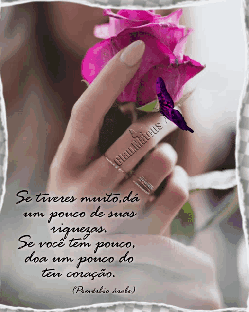 a picture of a woman holding a pink rose with a purple butterfly on it