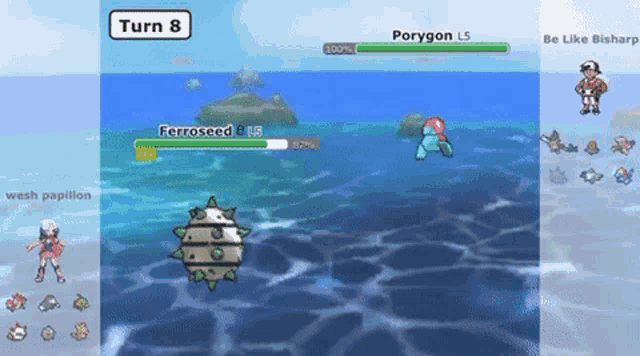 a video game screen shows a battle between porygon and ferroseed
