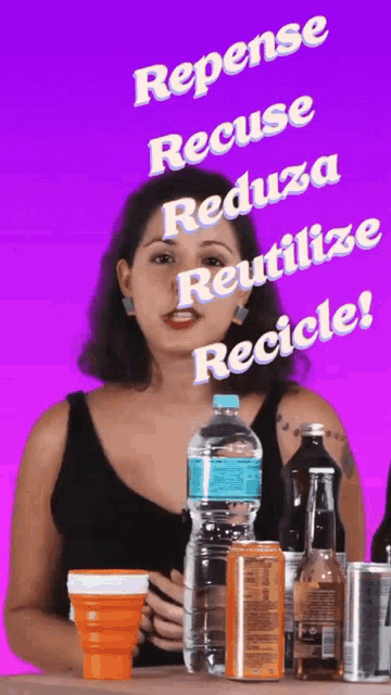 a woman is standing in front of a table with bottles and cans and says " repense " on the top