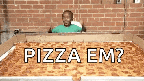 a little boy is sitting in a box of pizza with the words `` pizza em '' written on it .
