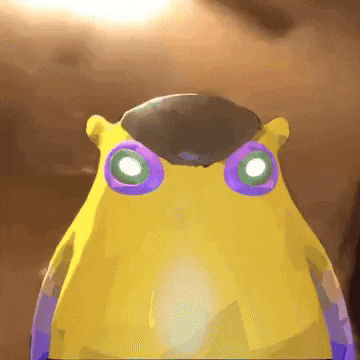 a close up of a yellow and purple cartoon character with green eyes