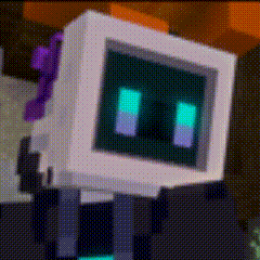 a pixel art drawing of a computer monitor with a purple head and a green screen .