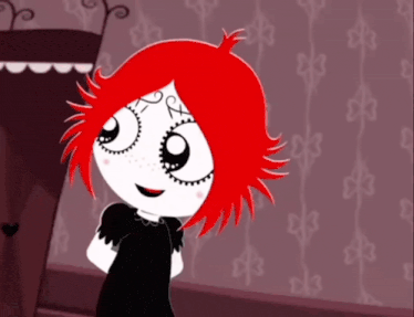 a cartoon girl with red hair and a black dress is smiling