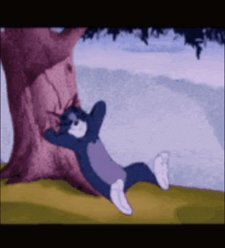 a cartoon of tom laying under a tree with his head on the ground