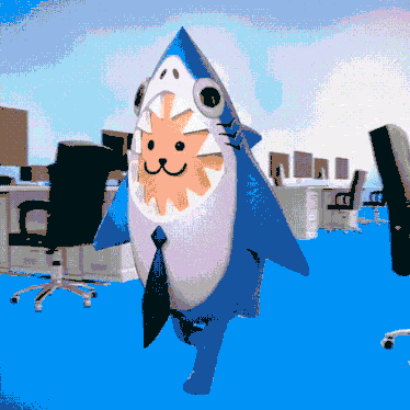 a cartoon shark wearing a tie and sunglasses is standing in an office