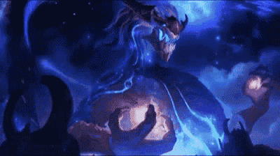 a painting of a blue monster with horns and blue eyes .