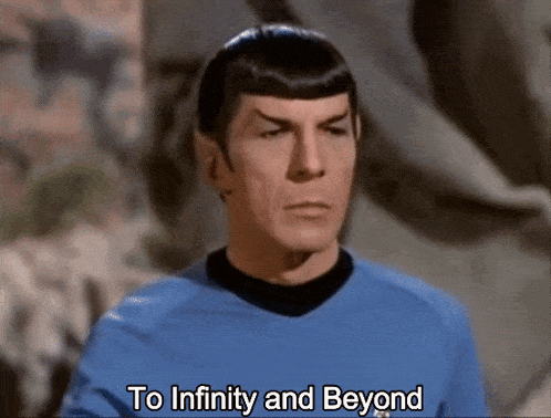 a man in a blue shirt with the words to infinity and beyond below him