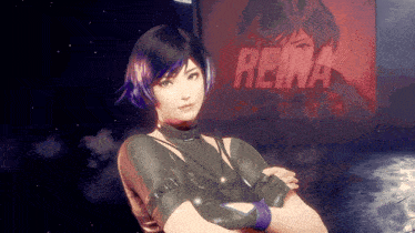 a girl with purple hair is standing in front of a poster that says reina