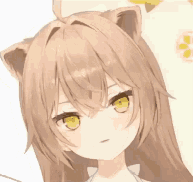 a close up of a brown haired anime girl with yellow eyes and cat ears .