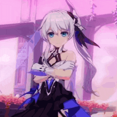 a girl with white hair and blue eyes is wearing a black and blue dress and gloves .