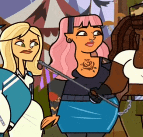 a cartoon of a woman with pink hair holding a sword
