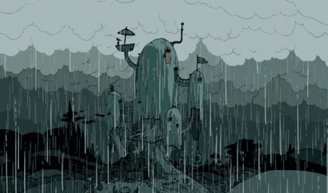 a cartoon drawing of a castle in the rain with the words marcys raineep at the top
